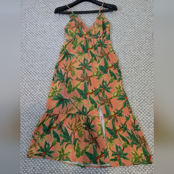 Monteau Linen Blend Tropical Palm Tree Parrots Print Dress Small - Picture 3 of 8